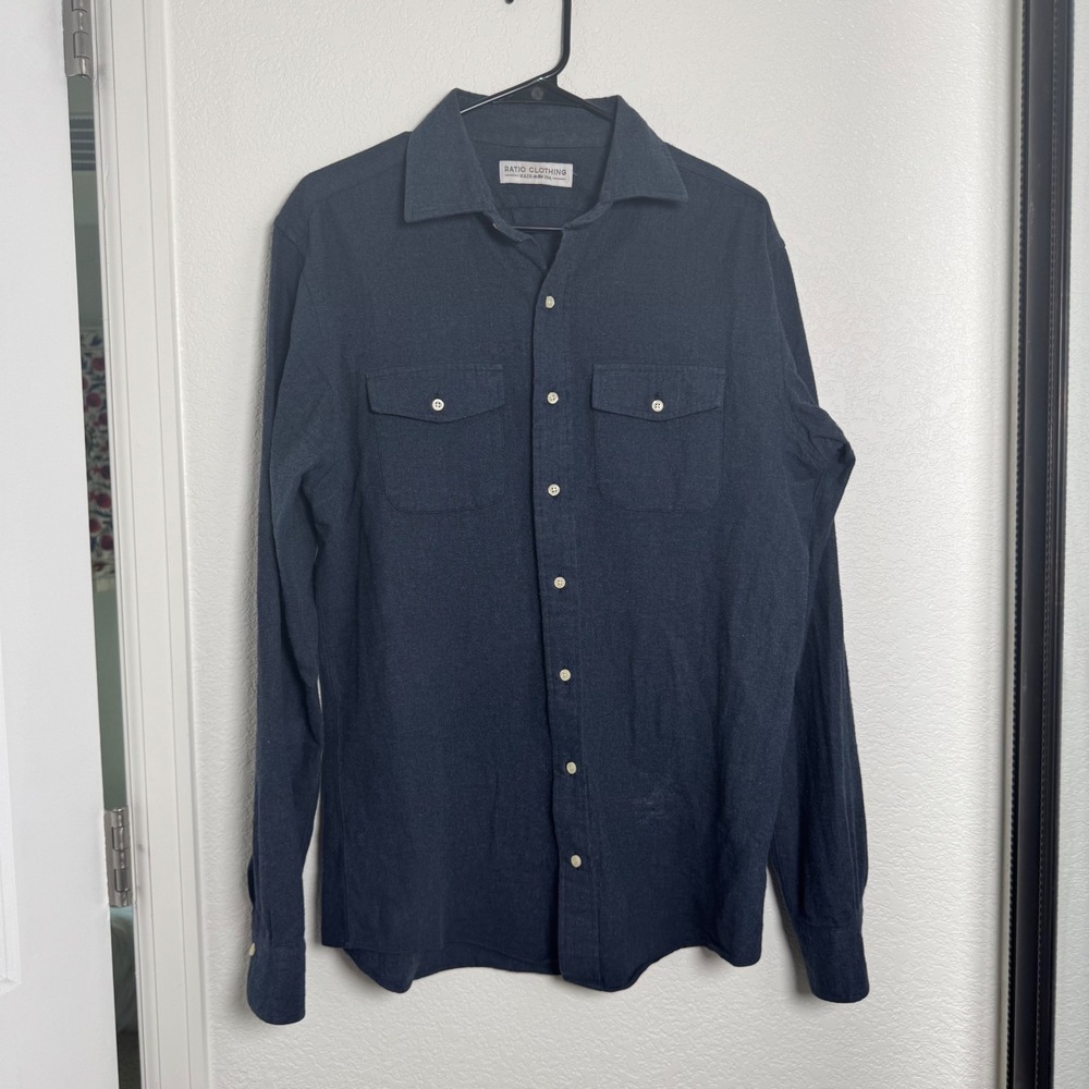 Ratio Clothing Flannel Shirt Mens Medium Navy Blue Made in USA Utility Button Up